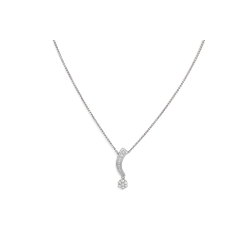 11 - A DIAMOND CLUSTER PENDANT, set with brilliant cut and baguette cut diamonds, mounted in 18ct white g... 