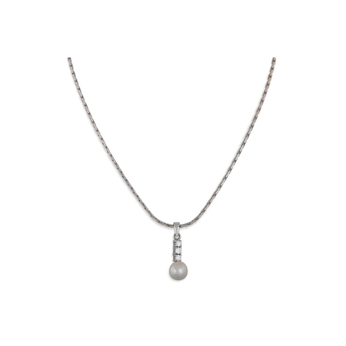 112 - A PEARL AND DIAMOND PENDANT, the three brilliant cut diamonds suspending a pearl, in 14ct white gold... 