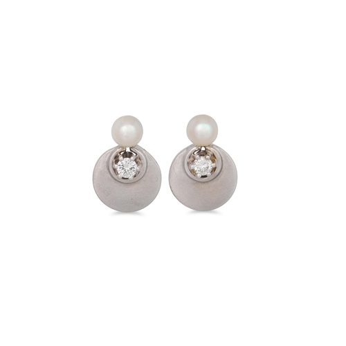 113 - A PAIR OF PEARL AND DIAMOND EARRINGS, the pearl studs with diamond set plaques, mounted in 14ct whit... 