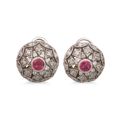 131 - A PAIR OF DIAMOND AND PINK SAPPHIRE CLUSTER EARRINGS, of domed form, mounted in white gold