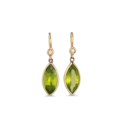 132 - A PAIR OF PERIDOT AND DIAMOND SET DROP EARRINGS, pear shaped, mounted in yellow gold