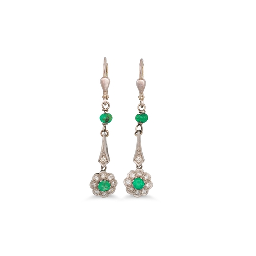 133 - A PAIR OF DIAMOND AND EMERALD EARRINGS, of drop cluster form, silver hooks