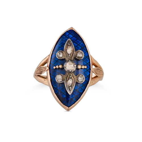 164 - AN ANTIQUE ENAMEL AND DIAMOND RING, the boat shaped enamel plaque to diamond fleur de lys inset, mou... 