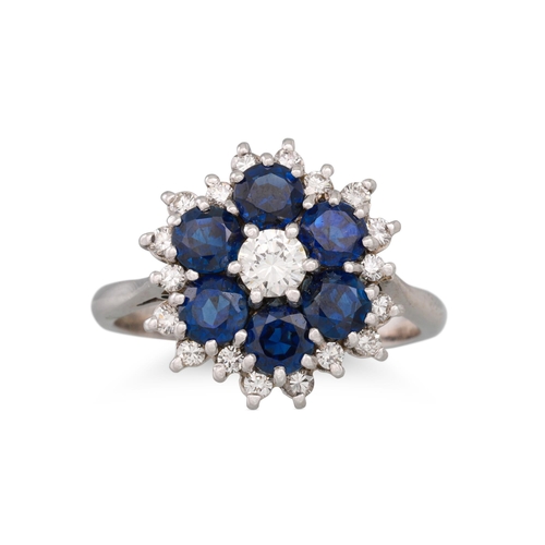 169 - A SAPPHIRE AND DIAMOND CLUSTER RING, of circular form, mounted in 18ct white gold, size M