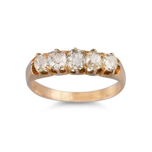 170 - A FIVE STONE DIAMOND RING, the old cut diamonds mounted in 18ct yellow gold. Estimated: weight of di... 