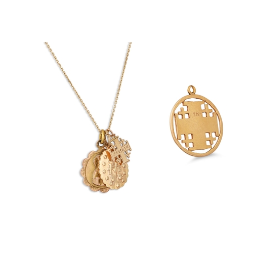 174 - A COLLECTION OF GOLD ITEMS, consisting of an18ct gold Jerusalem cross pendant, a 9ct gold miraculous... 