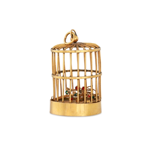 175 - A MOST UNUSUAL 14CT GOLD BIRD CAGE PENDANT, stamped 14ct, in need of repair, 4 cm. high, 13 g.