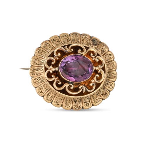 2 - AN ANTIQUE AMETHYST SET YELLOW METAL AND PART 9 CT GOLD BROOCH, of oval form with chased decoration,... 