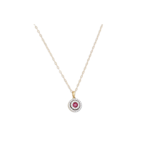 21 - A DIAMOND AND RUBY PENDANT, mounted in yellow gold, on a yellow gold chain