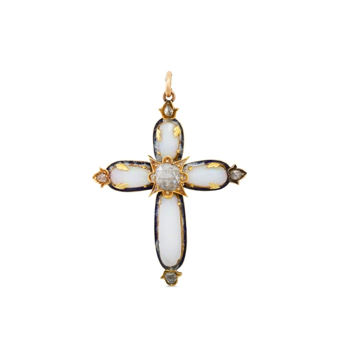 232 - AN ANTIQUE DIAMOND AND ENAMEL CROSS, set to the centre with a large old cut diamond, the opal arms t... 