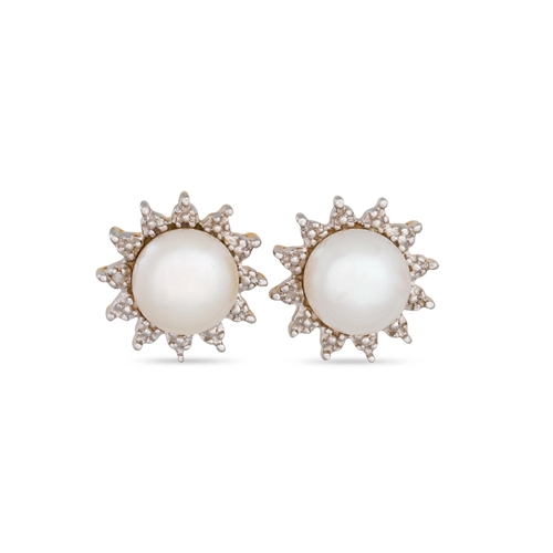 24 - A PAIR OF CULTURED PEARL EARRINGS, the pearl stud to diamond point surround, mounted in 9ct white go... 