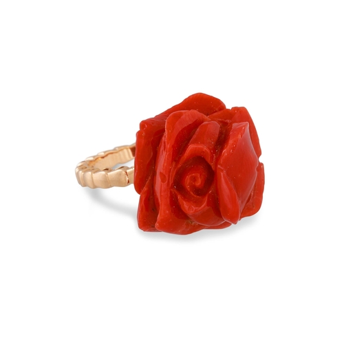 254 - A MEDITERRANEAN CORAL AND GOLD RING, the ring in the form of a rose, mounted in 18ct rose gold, size... 