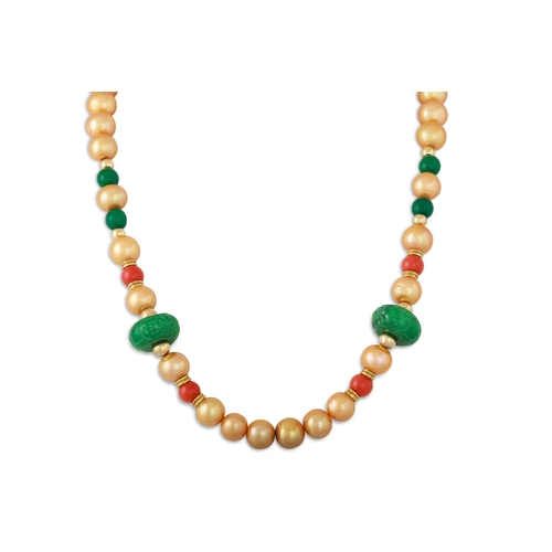 258 - A PEARL, JADE AND CORAL NECKLACE, the gold colour pearls to Burmese jade and coral beads