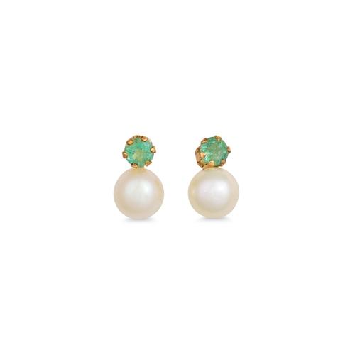 26 - A PAIR OF CULTURED PEARL AND EMERALD EARRINGS, mounted in 9ct yellow gold