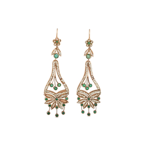 266 - A PAIR OF SEED PEARL AND EMERALD DROP EARRINGS, of naturalistic floral form, mounted in yellow gold.