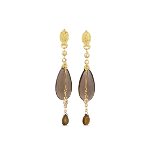 269 - A PAIR OF SMOKEY QUARTZ AND DIAMOND DROP EARRINGS, the pear shaped quartz dropped on a diamond set c... 