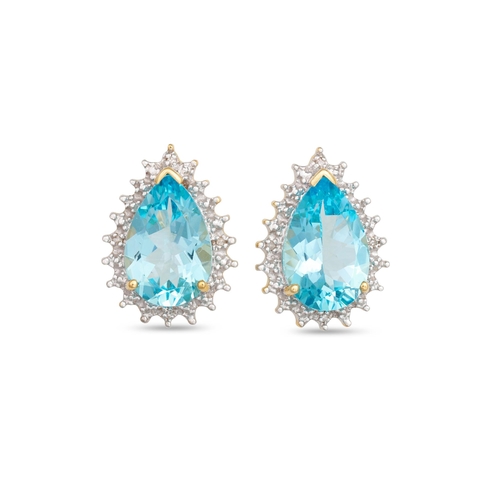 27 - A PAIR OF BLUE TOPAZ AND DIAMOND EARRINGS, the pear shaped topaz to diamond surround, mounted in 9ct... 