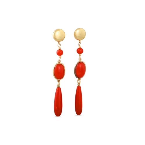 270 - A PAIR OF MEDITERRANEAN CORAL DROP EARRINGS, mounted in yellow gold