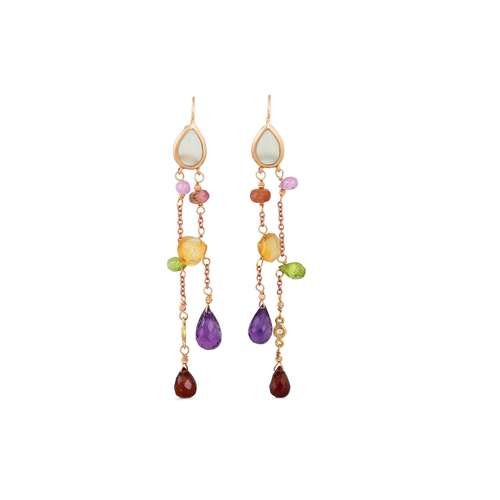 271 - A PAIR OF DIAMOND, CHALCEDONY, TOURMALINE AND GARNET DROP EARRINGS, mounted in yellow gold