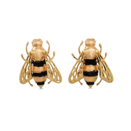 272 - A PAIR OF GOLD AND ENAMEL EARRINGS, in the form of a bee