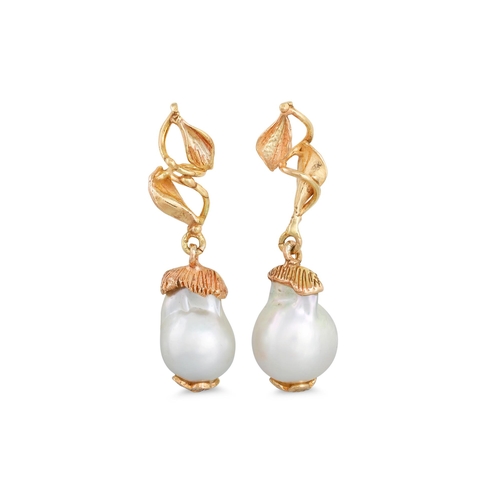 273 - A PAIR OF BAROQUE SOUTH SEA PEARL AND GOLD DROP EARRINGS, of unusual leaf design, mounted in 14ct & ... 