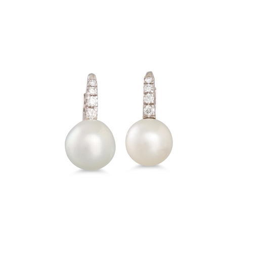 275 - A PAIR OF SOUTH SEA PEARL AND DIAMOND EARRINGS, the diamond half hoops suspending pearls, mounted in... 