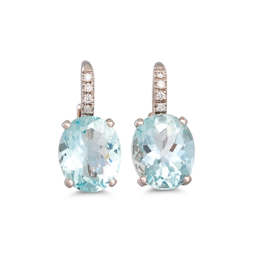 276 - A PAIR OF AQUAMARINE AND DIAMOND EARRINGS, set with oval aquamarines to diamond detail, mounted in w... 