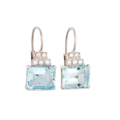 277 - A PAIR OF AQUAMARINE AND DIAMOND EARRINGS, the rectangular aquamarines to a diamond detail, mounted ... 