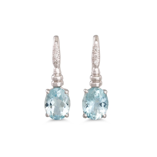 278 - A PAIR OF AQUAMARINE AND DIAMOND EARRINGS, set with oval aquamarines to diamond detail, mounted in w... 