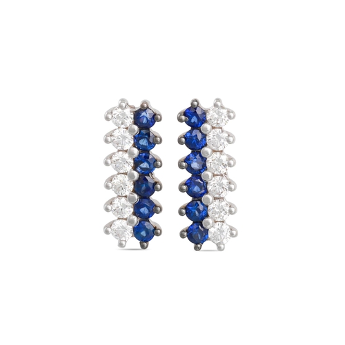 279 - A PAIR OF DIAMOND AND SAPPHIRE DROP EARRINGS, each comprising a line of diamonds and sapphires, moun... 