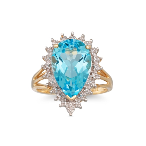 28 - A BLUE TOPAZ AND DIAMOND RING, the pear shaped topaz to diamond surround, mounted in 9ct yellow gold... 