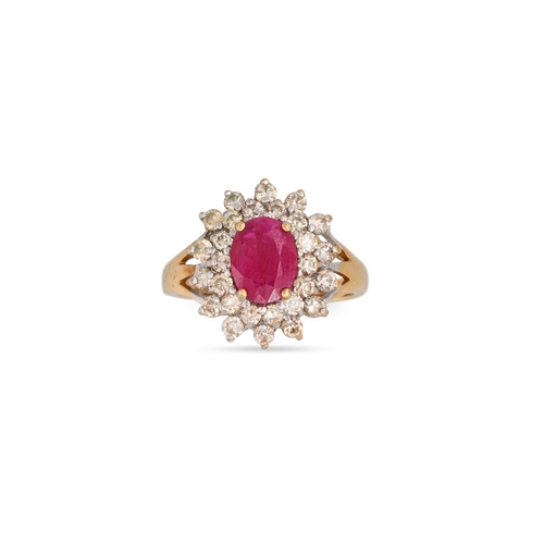 284 - A RUBY AND DOUBLE ROW DIAMOND CLUSTER RING, mounted in 9ct yellow gold, size M - N