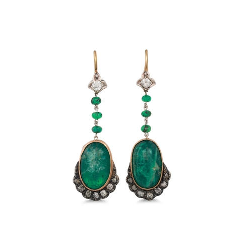 289 - A PAIR OF EMERALD AND DIAMOND DROP EARRINGS, the cabochon emeralds suspending from an emerald and di... 