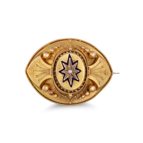 292 - AN ANTIQUE BROOCH, of Etruscan design, set to the centre with emerald and pearl star motif, glazed c... 