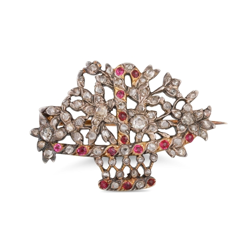 295 - AN ANTIQUE RUBY AND DIAMOND BOUQUET BROOCH, set with rose cut diamonds, mounted in silver and gold