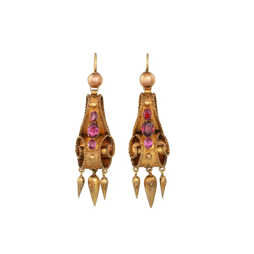 297 - A PAIR OF ETRUSCAN STYLE DROP EARRINGS, in yellow gold, set with possibly garnet