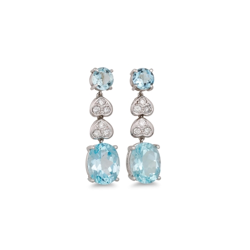 306 - A PAIR OF BLUE TOPAZ AND DIAMOND DROP EARRINGS, set with heart shaped diamond clusters and oval topa... 