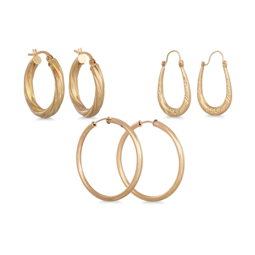 31 - THREE PAIRS OF 9CT GOLD HOOP EARRINGS, various sizes