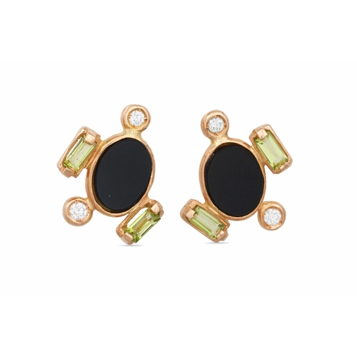 311 - A PAIR OF DIAMOND, ONYX AND PERIDOT EARRINGS, mounted in gold