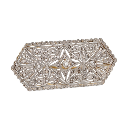 318 - A DIAMOND PLAQUE BROOCH, of overall rectangular form with pointed ends, the centre old cut diamond s... 