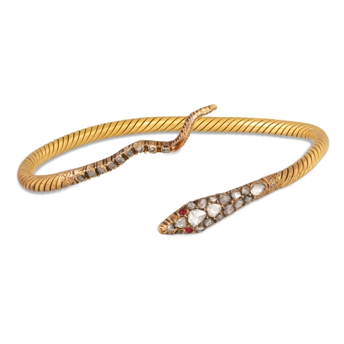 327 - AN ANTIQUE DIAMOND SET SNAKE BANGLE, rose cut diamond head and tail, textured gold bangle