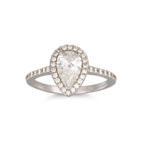 336 - A DIAMOND HALO CLUSTER RING, the pear shaped diamond, to diamond surround and shoulders, mounted in ... 