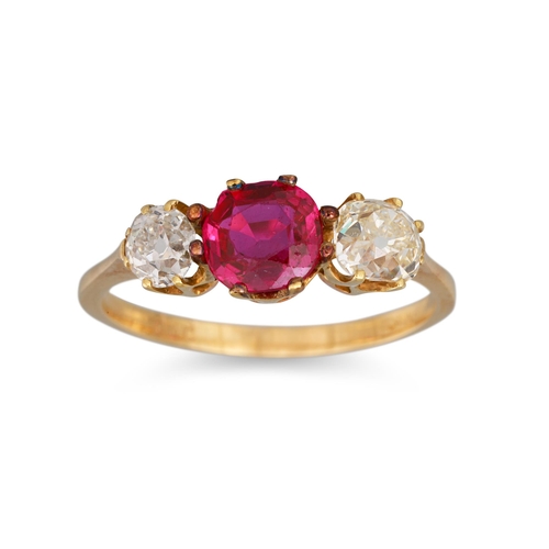 342 - A PINK SAPPHIRE AND DIAMOND THREE STONE RING, mounted in 14ct yellow gold. Estimated: weight of diam... 