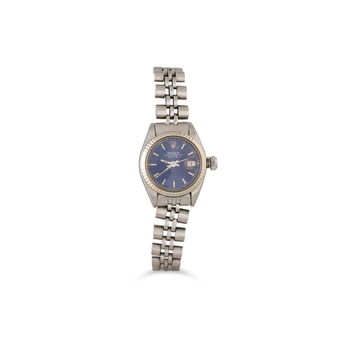 348 - A LADY'S STAINLESS STEEL ROLEX OYSTER PERPETUAL WRISTWATCH, blue face, date just, jubillee bracelet