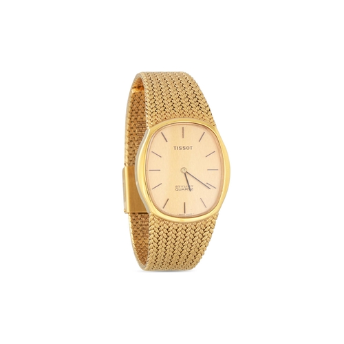 351 - A MID SIZE SLIM LINE TISSOT STYLIST QUARTZ WRISTWATCH, in gold plate, champagne face with baton mark... 