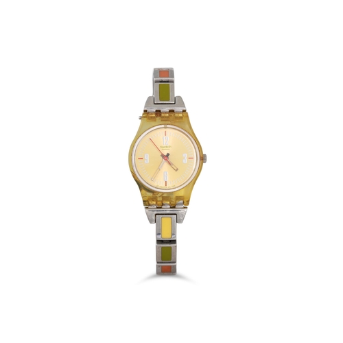 353 - AN EARLY LADY'S SWATCH WRISTWATCH, clear resin watch head with enamel and metal bracelet strap