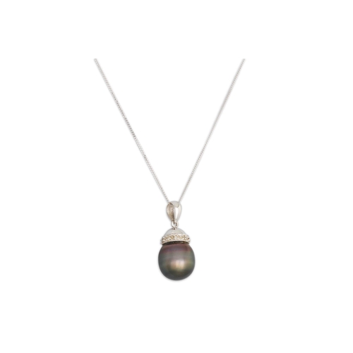 36 - A BLACK PEARL AND DIAMOND PENDANT, on a white gold chain