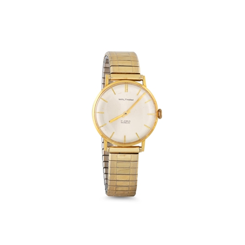 364 - A GENT'S VINTAGE 18CT GOLD WALTHAM WRISTWATCH, silvered face with batons markers, expandable strap