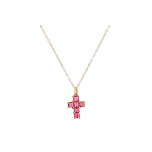 38 - A PINK TOURMALINE CROSS, mounted in 9ct yellow gold, on a chain