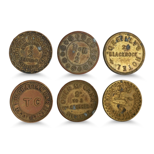 380 - 1800s 6 X IRISH 2d DUBLIN TAVERN BRASS TOKENS; OReillys Blackrock, TB N Circ Rd, O McCann Kingstown,... 